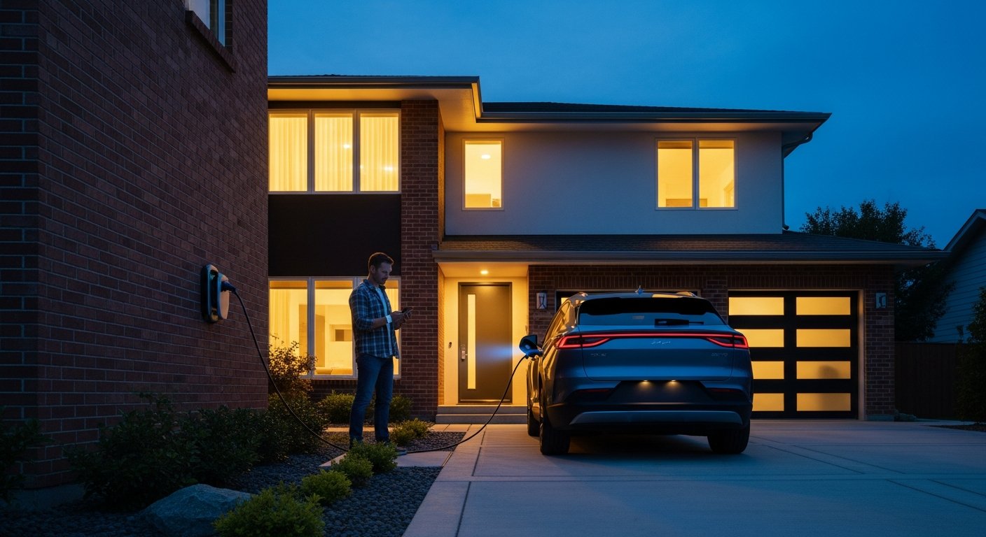 Man with smartphone beside an electric SUV plugged into a wall-mounted bidirectional charger outside a suburban home at dusk