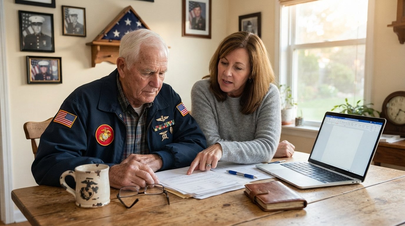 Elderly Marine veteran in a navy jacket with patches reviews paperwork at a kitchen table while a woman in a gray sweater…