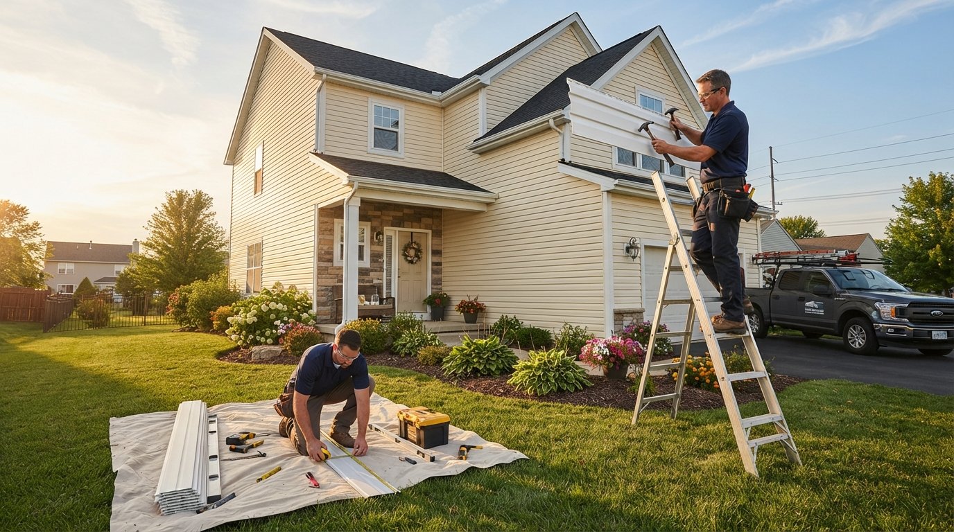 Worker in navy polo on ladder aligns white vinyl siding panel near roofline of cream-colored suburban house at golden hour
