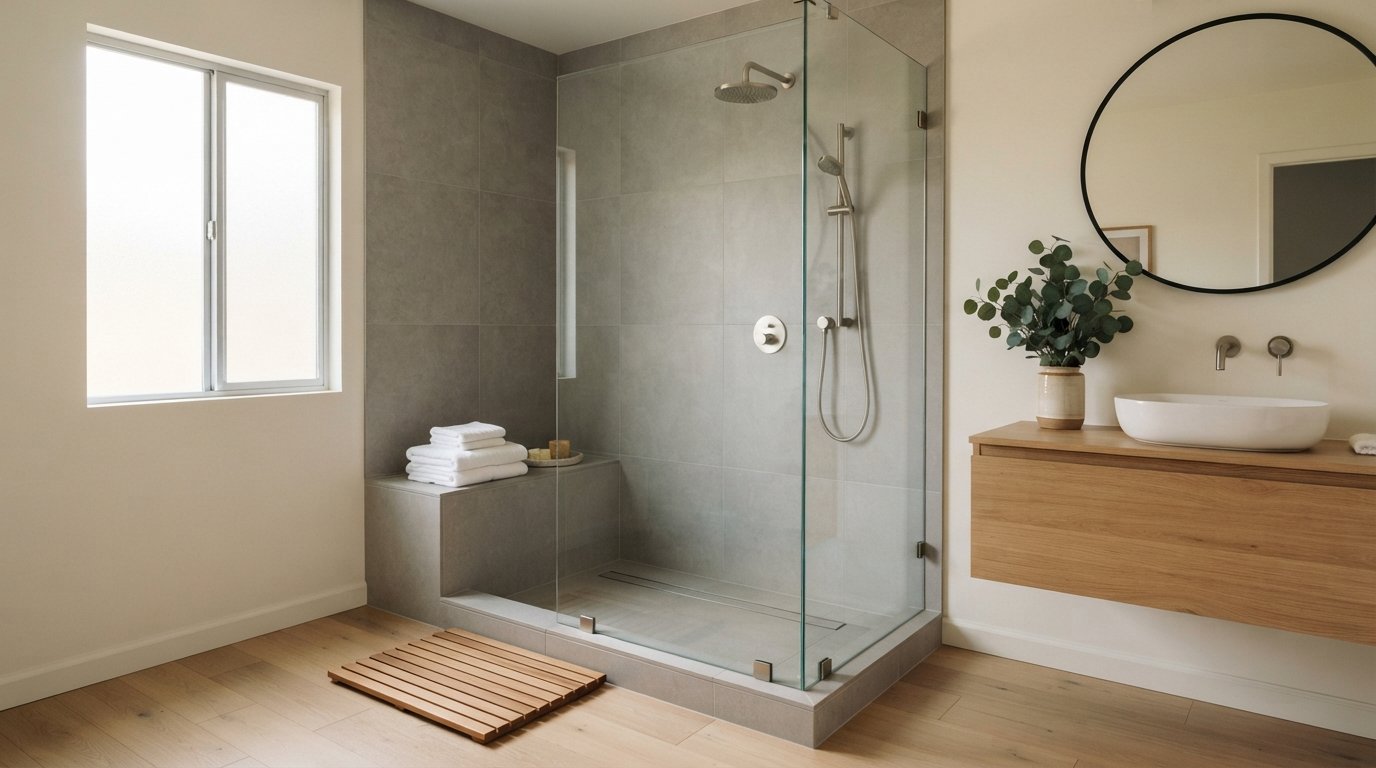Curbless walk-in shower with large matte gray porcelain tiles, frameless clear glass panel, brushed nickel rainfall…