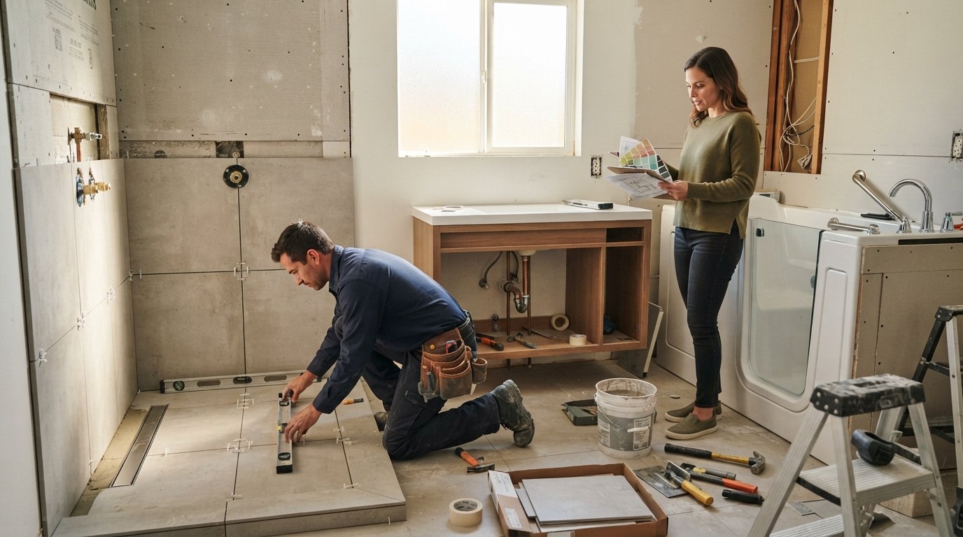 Bathroom under renovation with a curbless shower and linear drain on the left, a white walk-in tub with glass door and grab…
