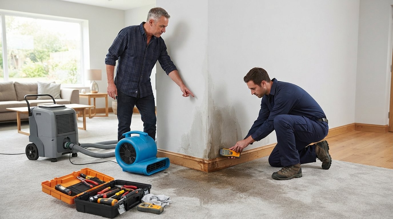Homeowner points to water-stained drywall while a restoration technician checks moisture levels with a meter near the…