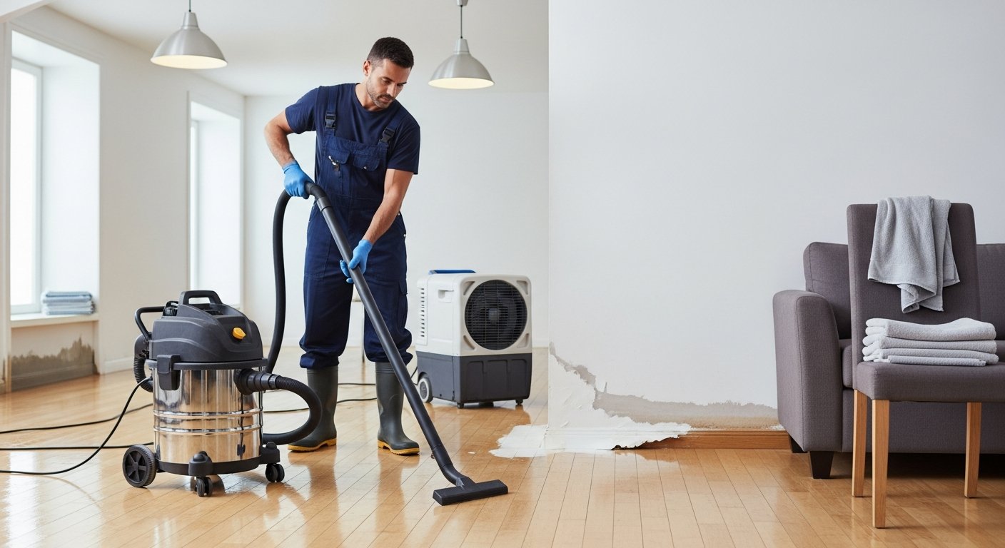 Restoration technician in blue workwear uses an industrial wet vacuum on a hardwood living room floor near water-damaged…