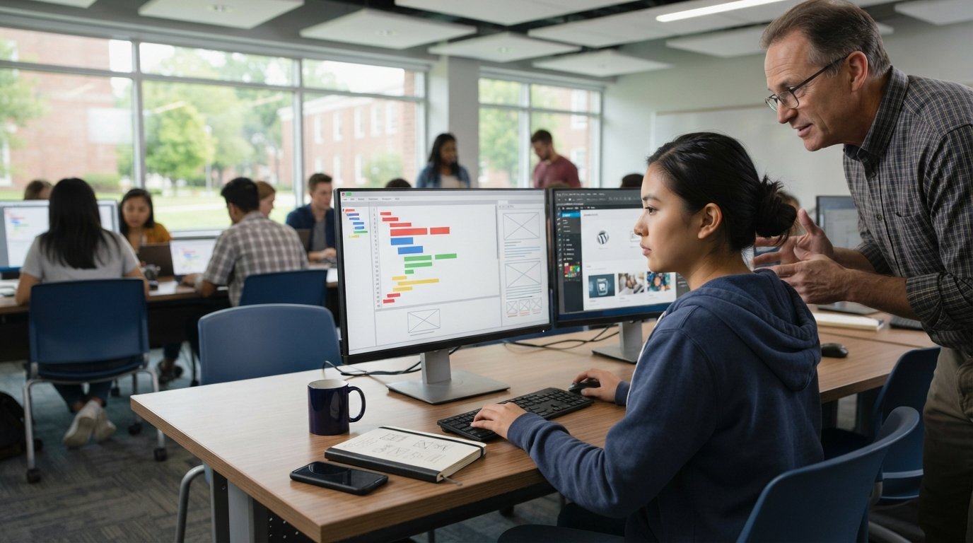 Community college student in navy hoodie coding a responsive website layout at a desktop computer in a bright campus lab,…