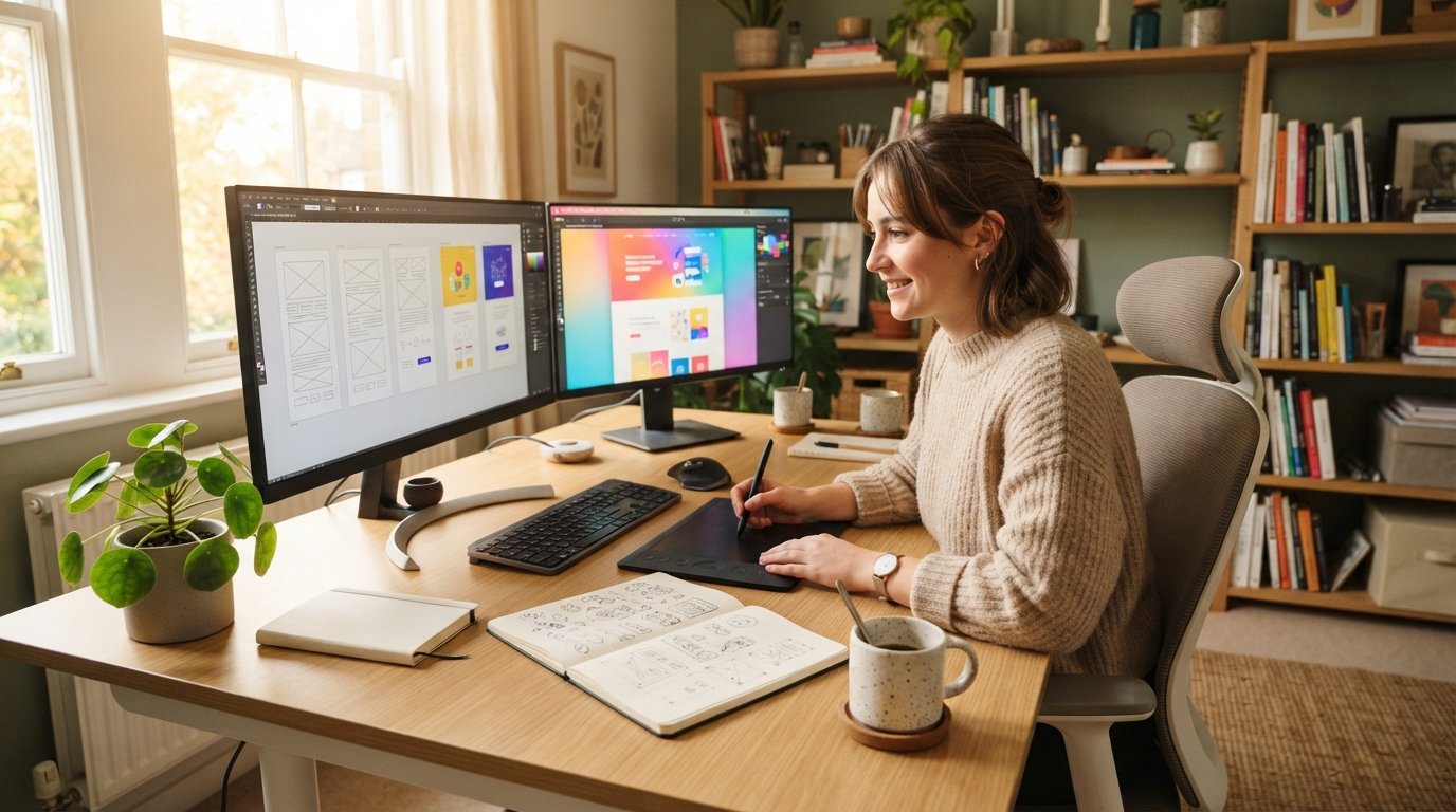 Student in a sweater at a desk with two monitors showing colorful website layouts and wireframes, a tablet and stylus,…