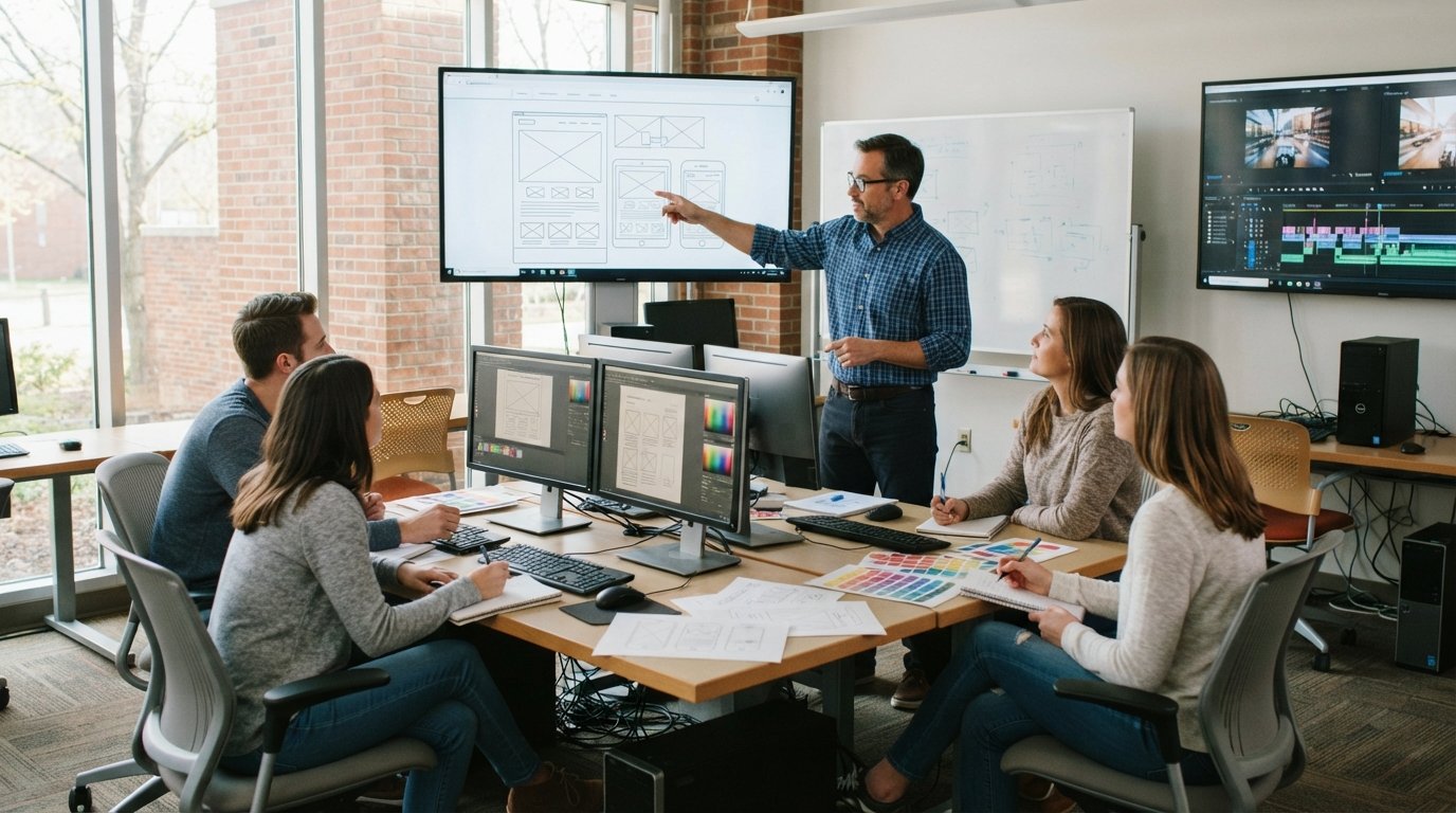 Instructor points at a large monitor showing a responsive website wireframe while adult students take notes at dual-monitor…