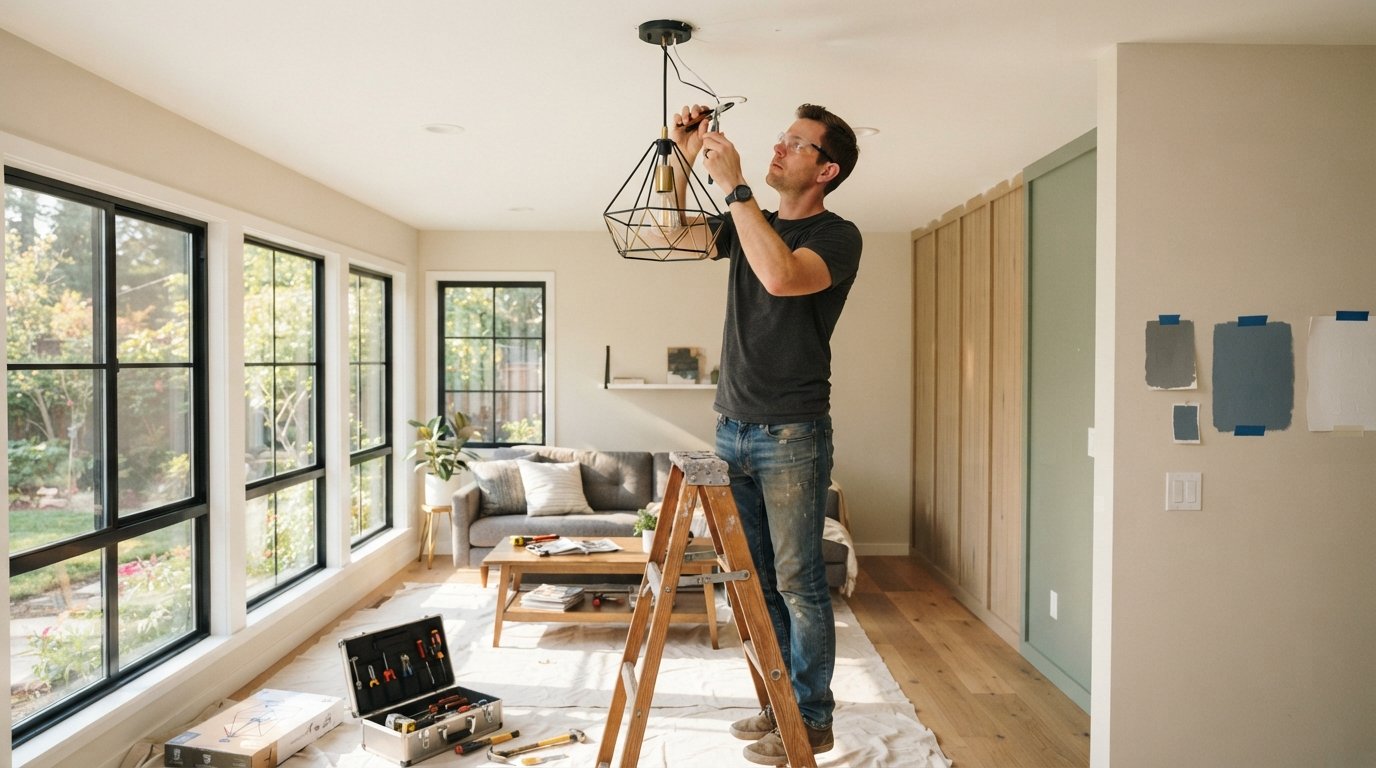 Homeowner in work clothes and safety glasses installing a light fixture in a bright living room with a ladder, toolbox, and…