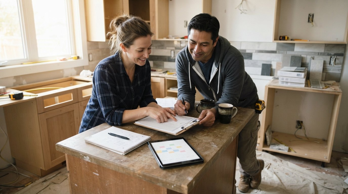 Homeowner and contractor review a printed agenda at a kitchen island with notebook, tablet, coffee mugs, tile samples, and…