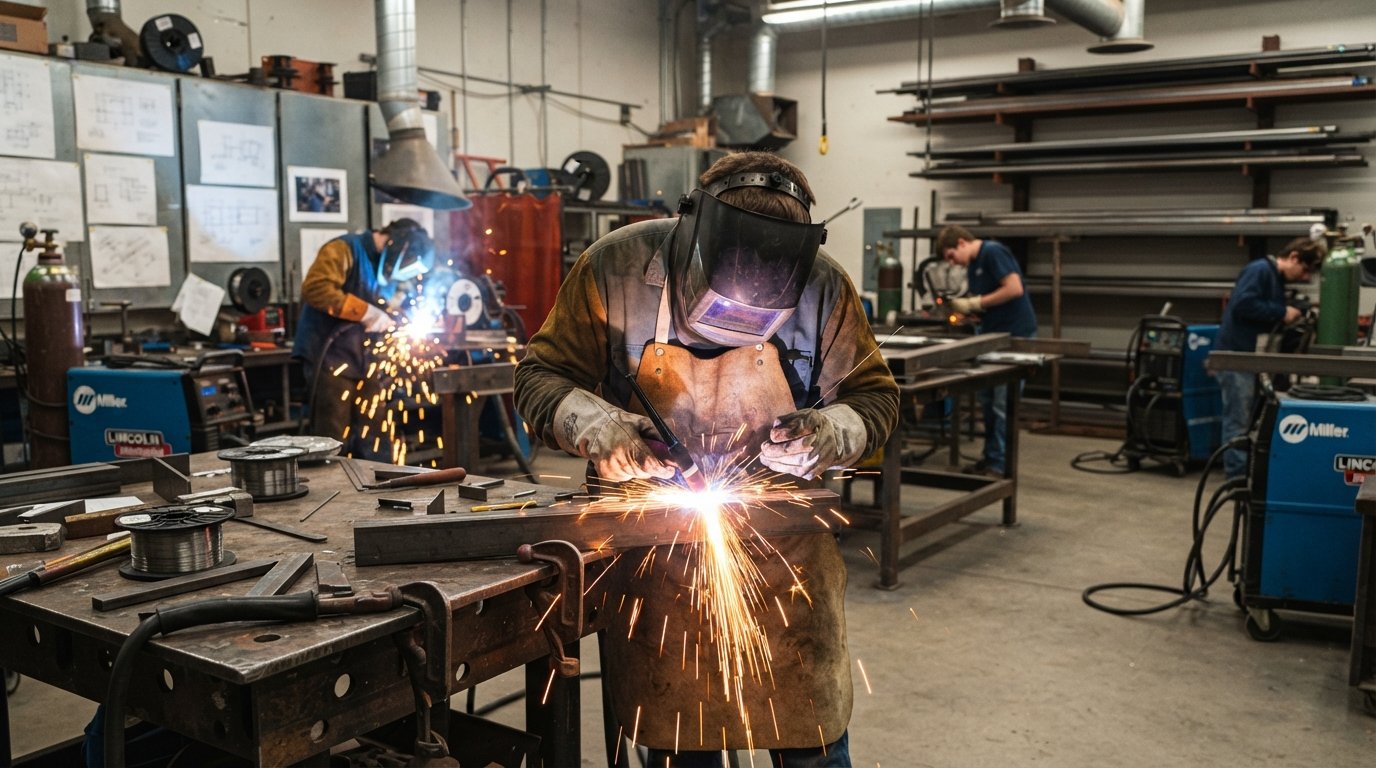 Welding student in a leather apron and helmet strikes an arc over a steel workpiece, sending orange sparks across a…