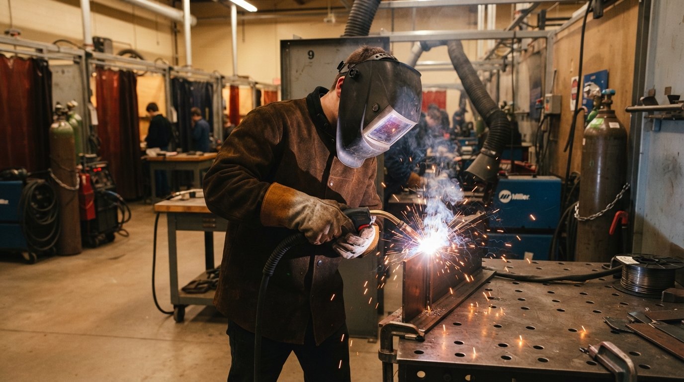 Welding student in leather jacket, gloves, and helmet welding a metal joint as sparks fly in a technical college lab with…