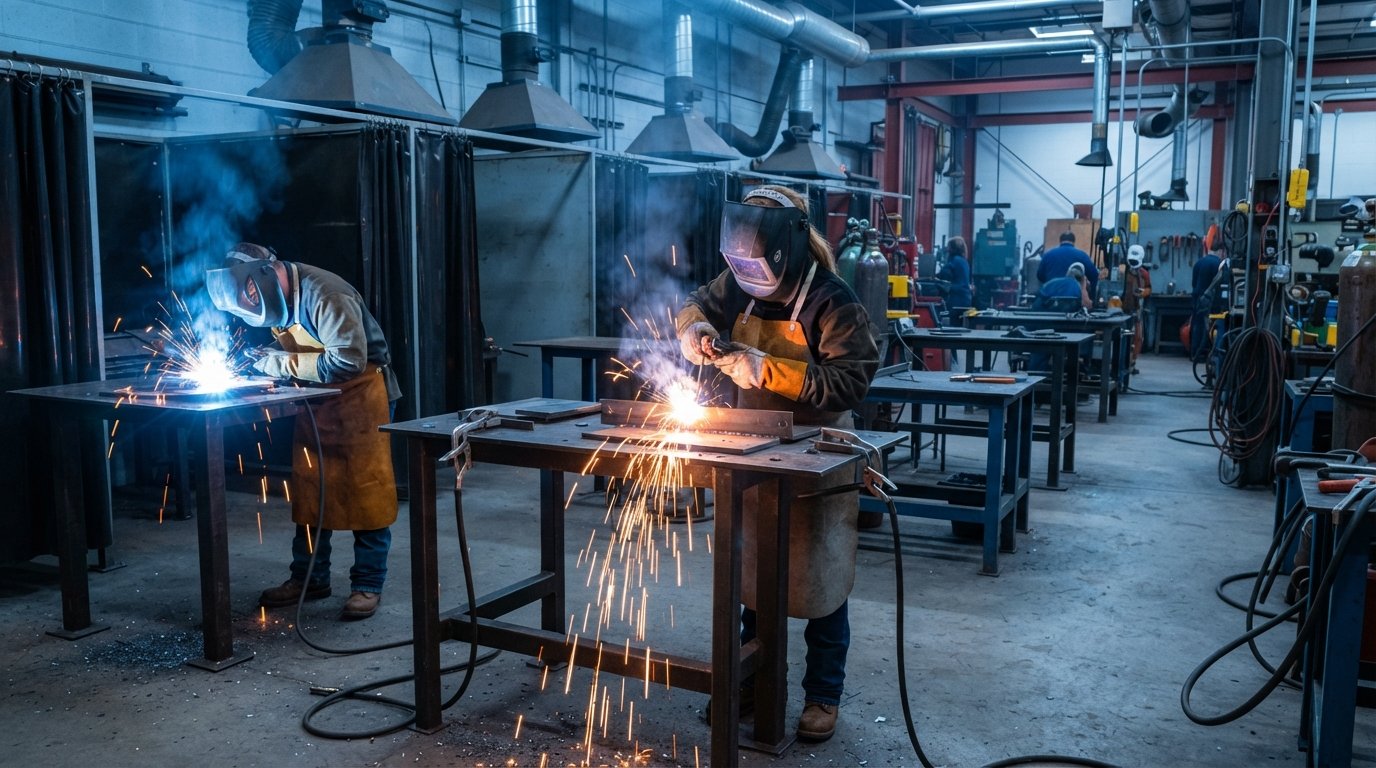 Adult students in welding helmets, leather aprons, and gloves practice arc welding on metal plates in a bright shop with…