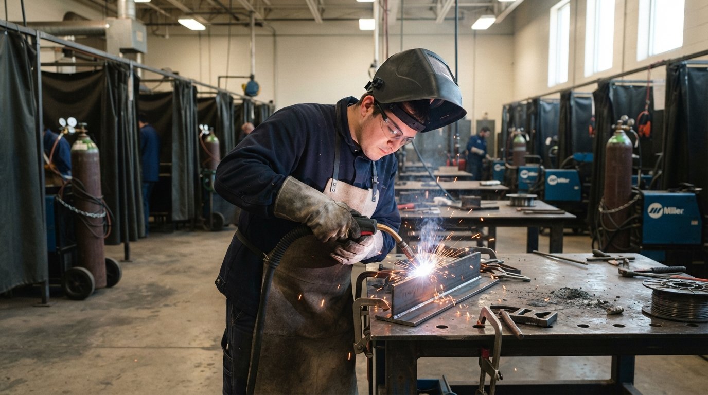 Student in navy welding jacket and leather gloves guiding a MIG torch along a steel joint, sparks spraying across the…
