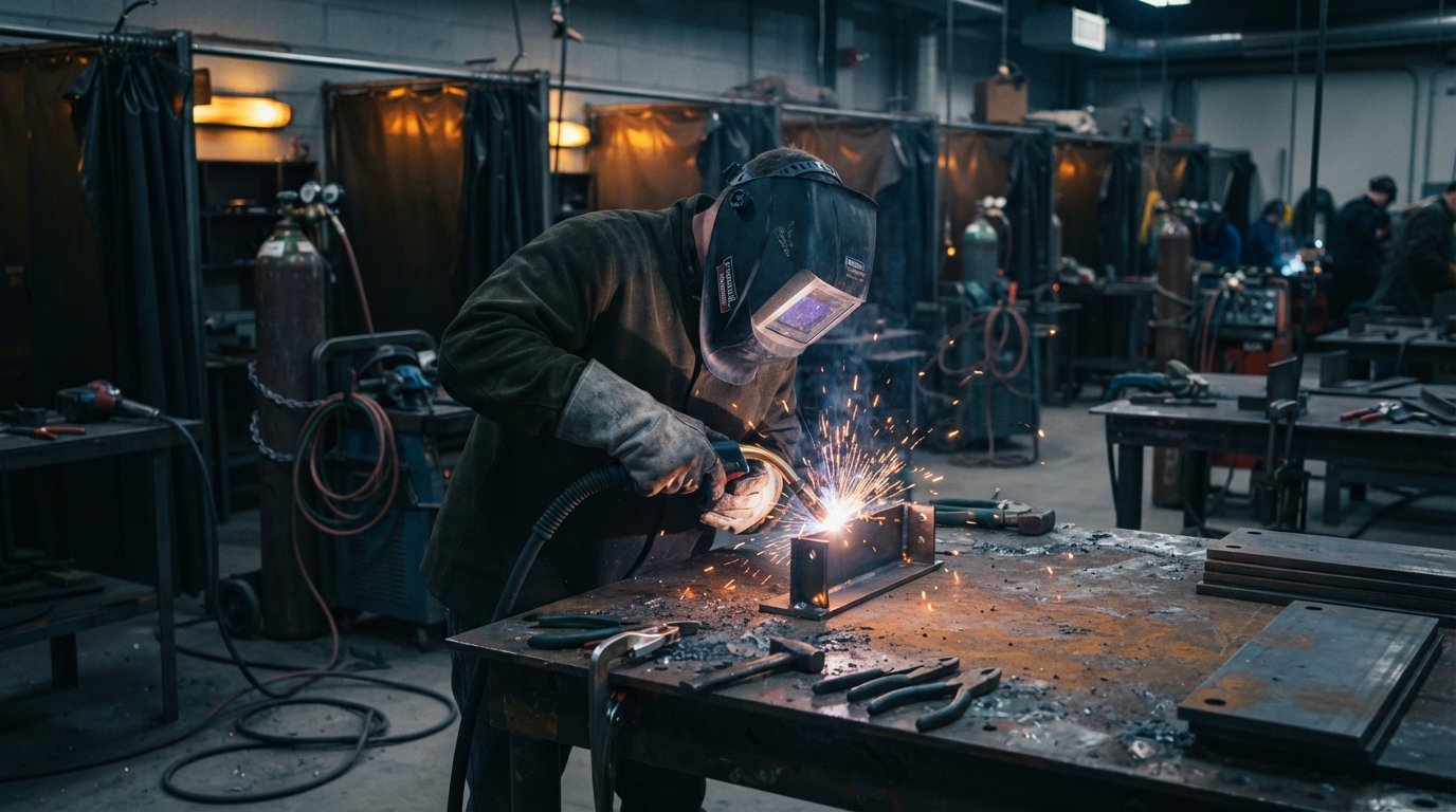 Welding student in a protective helmet and leather gloves uses a MIG welder on a steel workpiece, sending orange sparks…