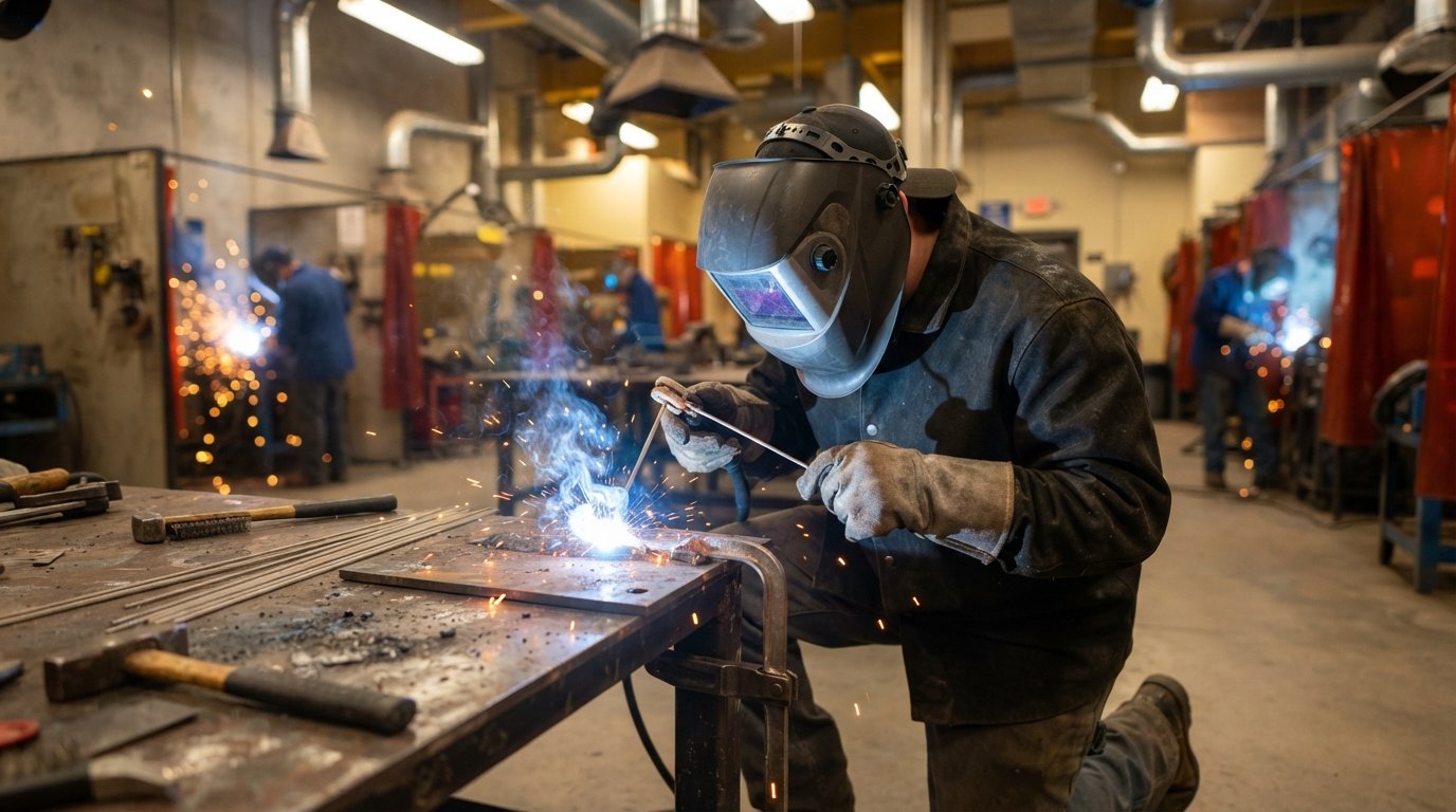 Welder in helmet and leather gloves strikes an arc over a steel workpiece, sending blue-white light and sparks across the…