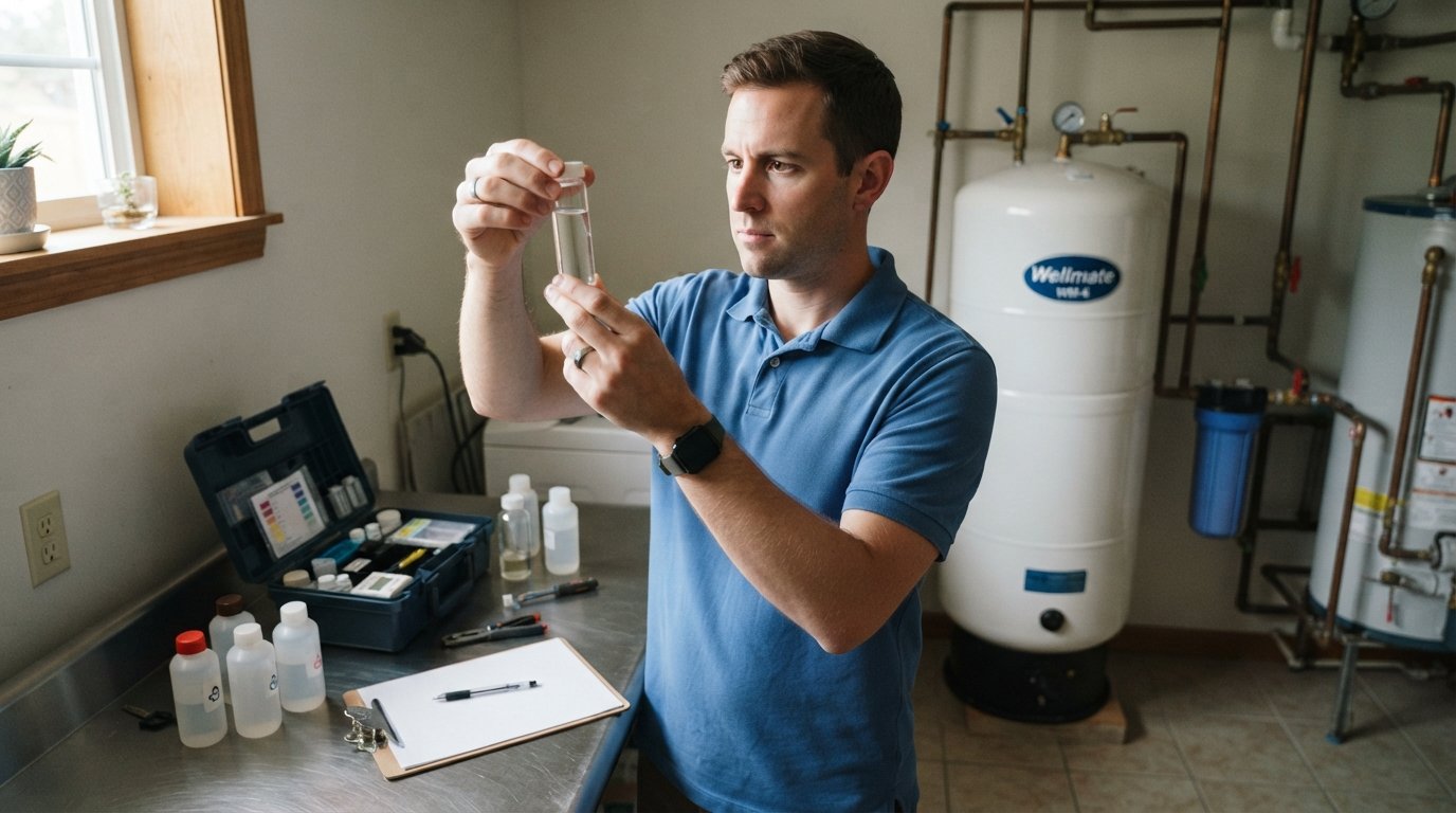 Technician in a blue polo holds a glass vial of water to the light beside a pressure tank, filter housing, and copper pipes