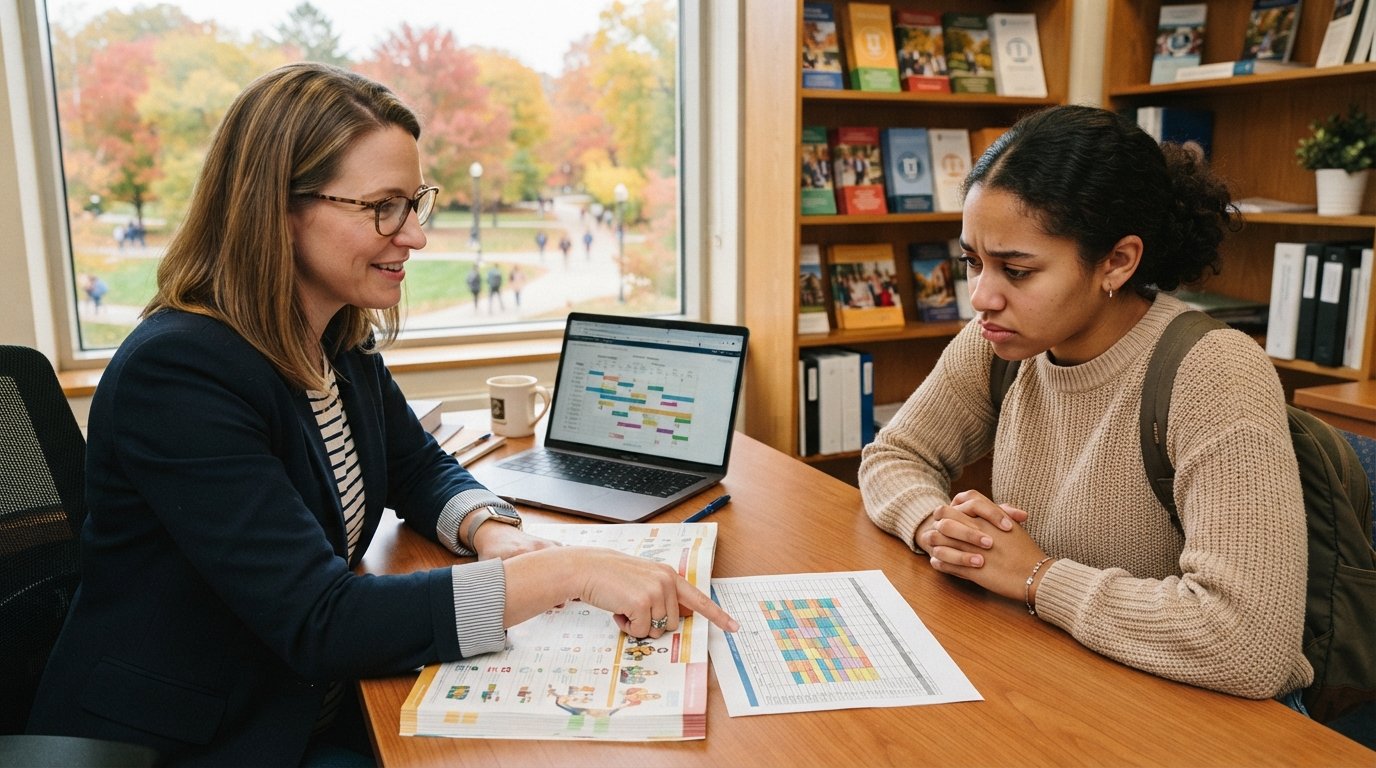 Academic advisor in a blazer points to a course catalog and degree audit spreadsheet while a student looks on, with a…