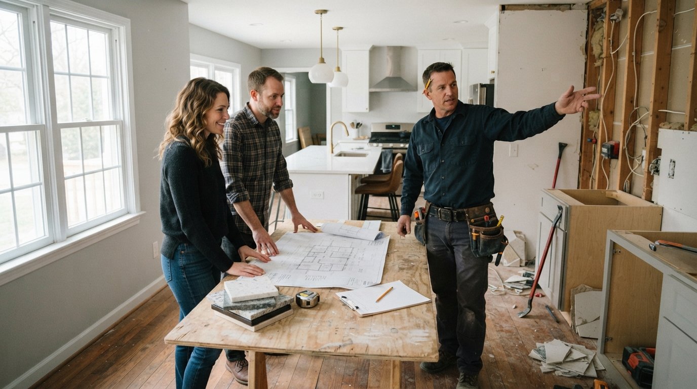 Couple reviewing blueprints with a contractor beside exposed wall studs and countertop samples in a half-renovated kitchen