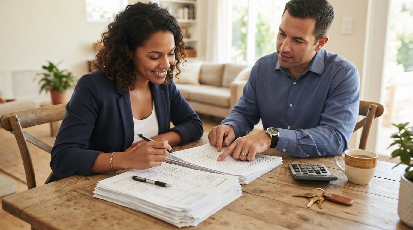 Woman in blazer and loan officer reviewing closing paperwork at a dining table with a calculator, pen, keys, and coffee mug