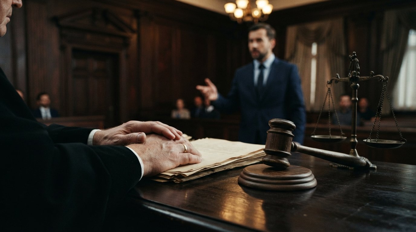 Judge's hands rest on a wooden bench beside a gavel, legal documents, and a brass scale of justice, with an attorney…