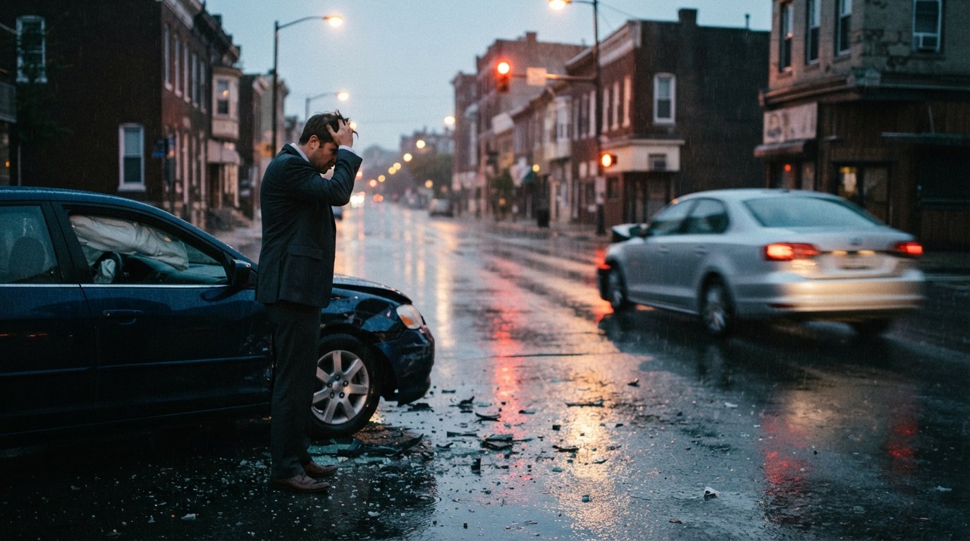 Damaged dark blue car with deployed airbag and broken glass beside a dazed driver as a silver sedan speeds away on a wet…