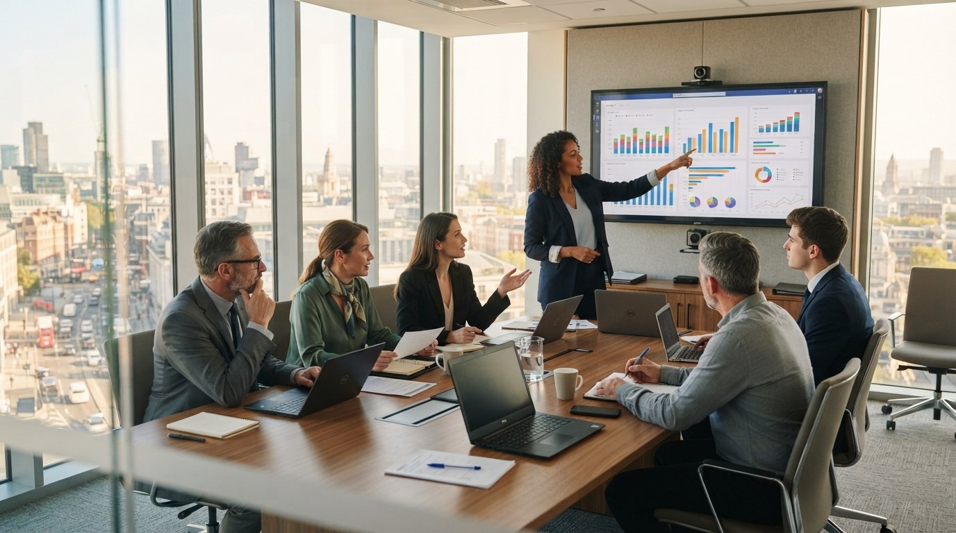 Diverse professionals in business attire discussing budget charts and documents around a conference table in a bright…
