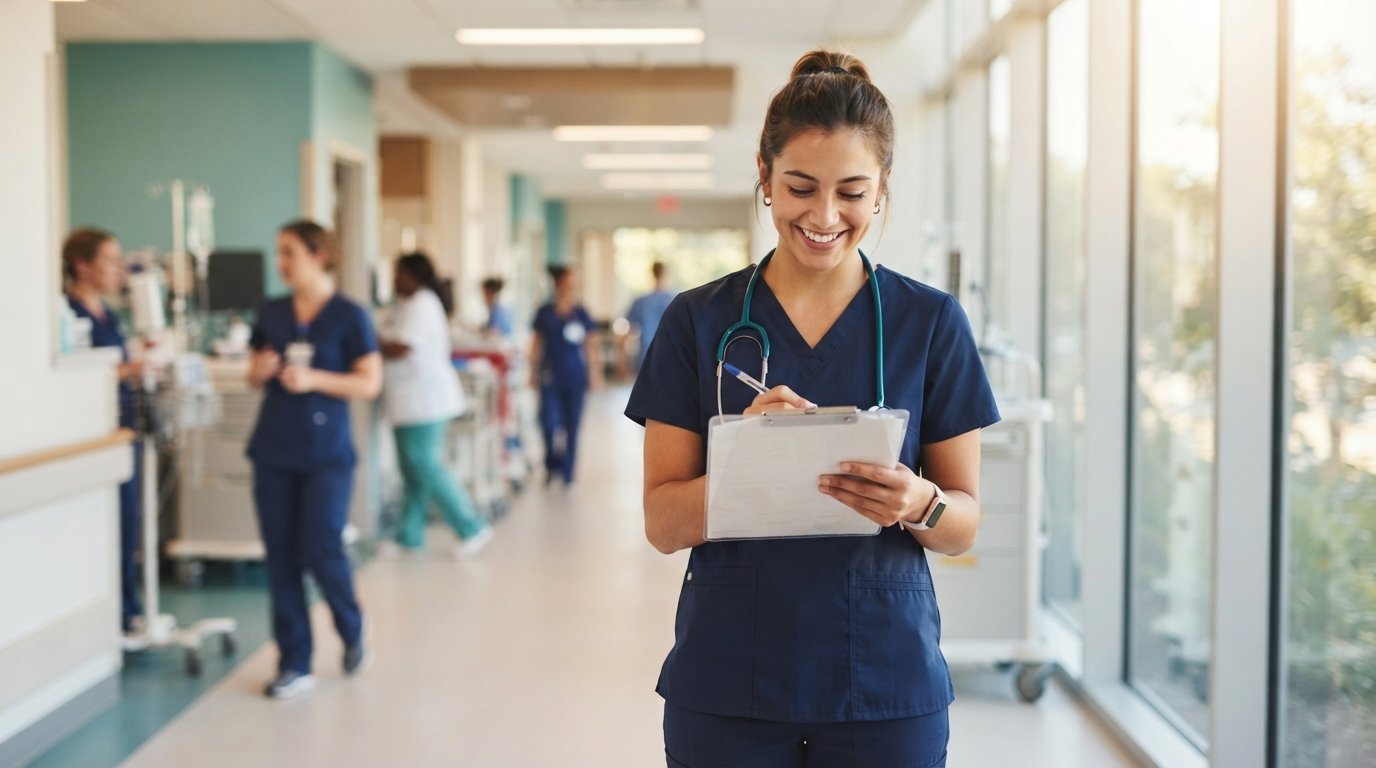 Nursing student in navy scrubs and stethoscope smiling while reviewing a patient chart on a clipboard in a bright hospital…