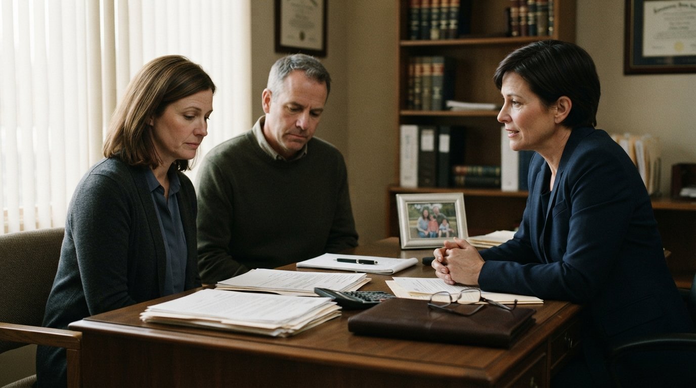 Attorney in a navy suit meets with two adults in dark clothing at a wooden desk with a folder, glasses, calculator, and…