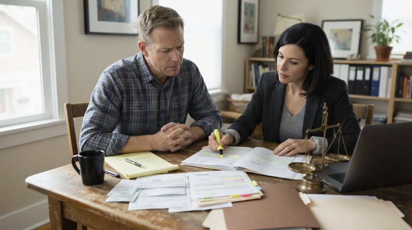 Man in a button-down shirt sits at a wooden table with stacks of bills while an attorney in a dark blazer points to…