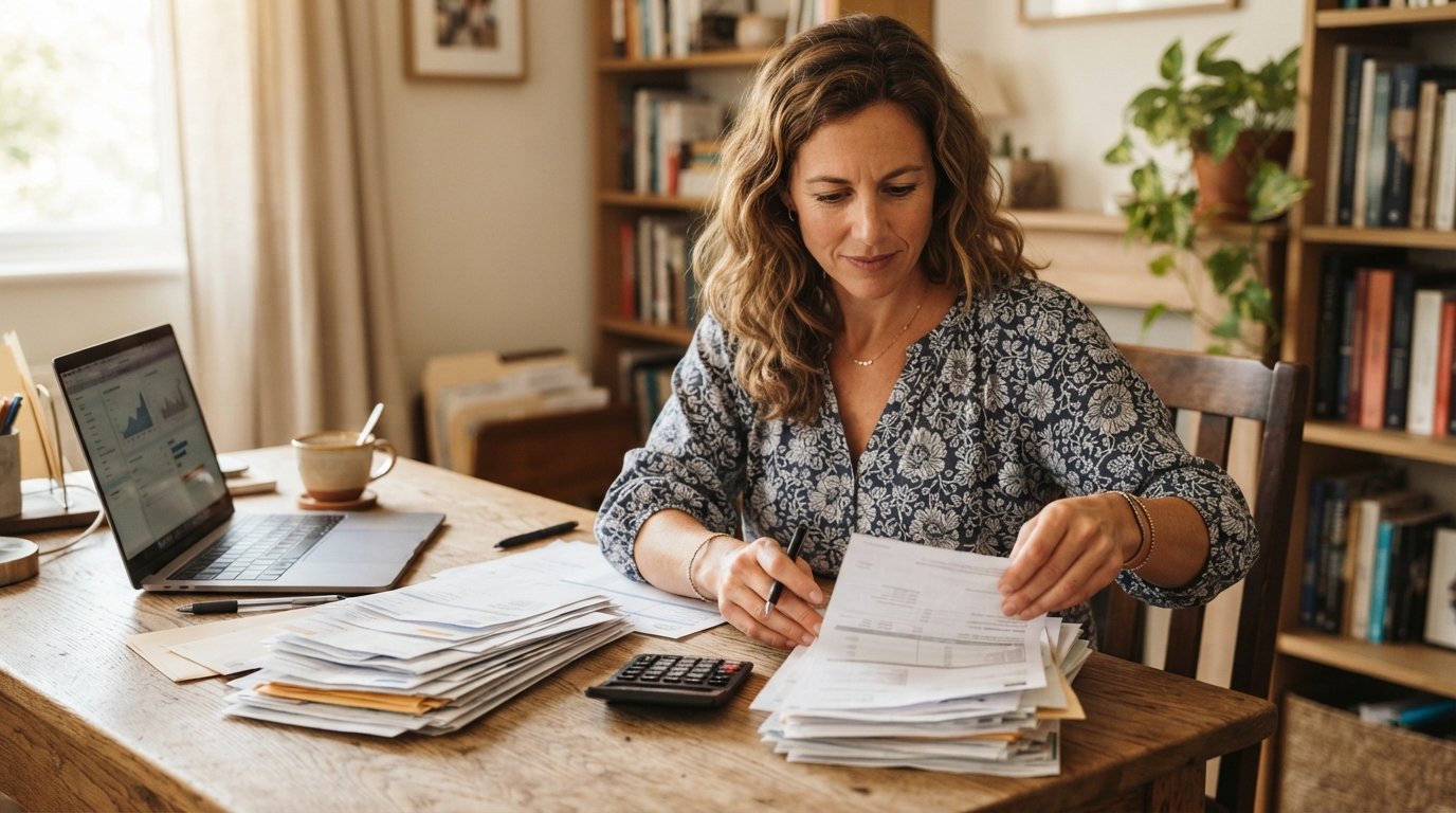 Woman at a wooden desk sorting two stacks of bills and financial papers beside a calculator and laptop