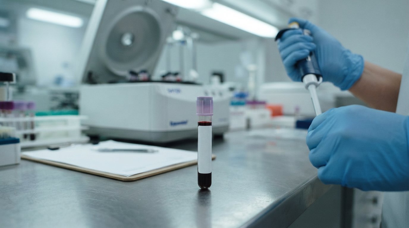 Gloved lab technician holds a pipette beside a sealed purple-stoppered blood vial on a stainless steel counter with a…