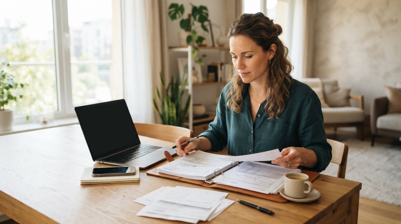 Person at a wooden table organizing papers beside a laptop, smartphone, pen, and coffee mug in a bright apartment