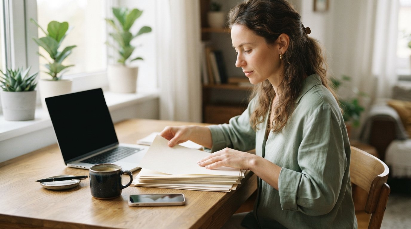 Woman in a casual blouse sorting a stack of papers at a wooden desk beside a laptop, smartphone, pen, and coffee mug in…