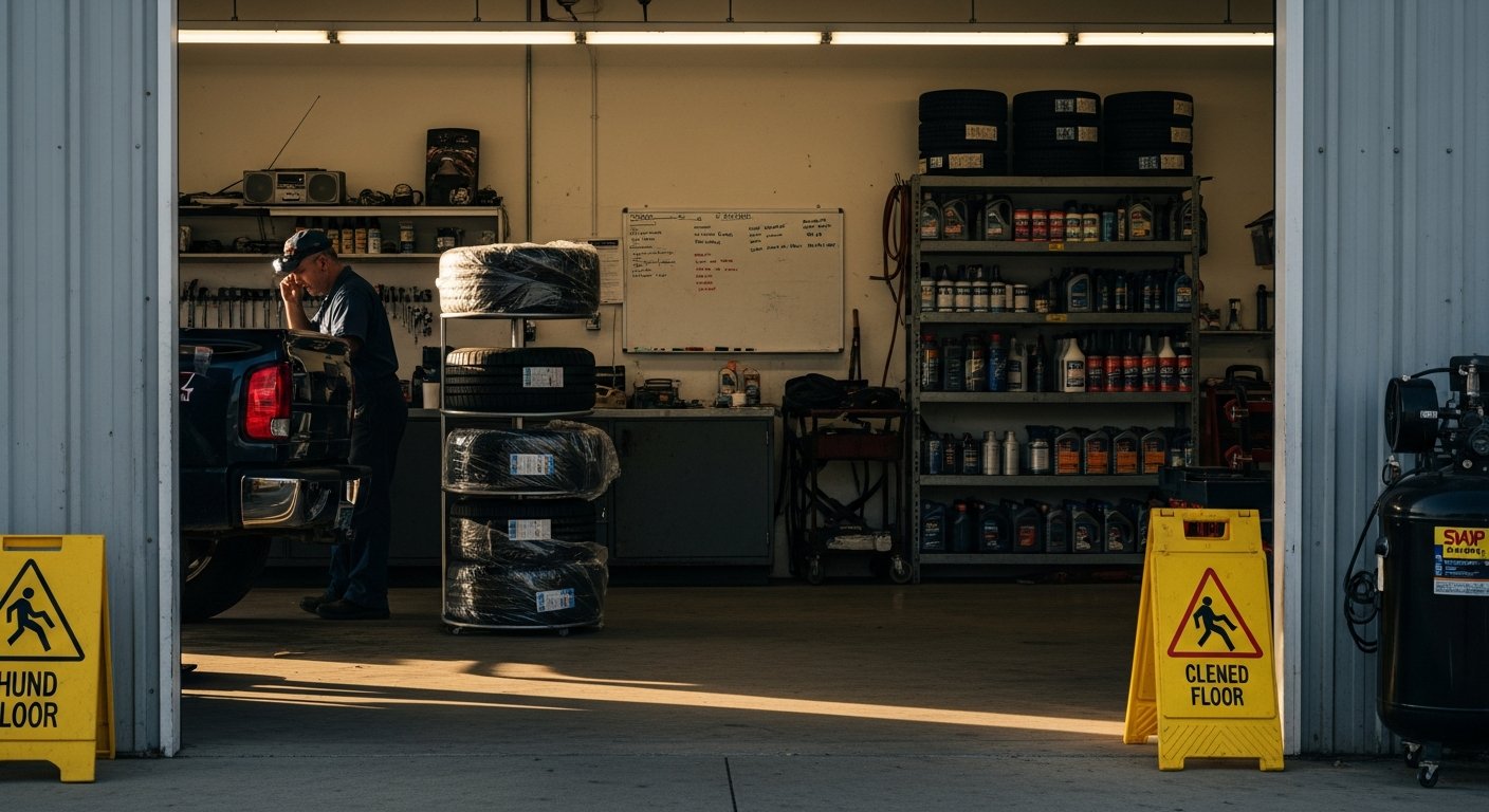 Mechanic in navy shirt and cap kneels beside a lifted truck inside a Texas auto repair shop, inspecting the undercarriage…
