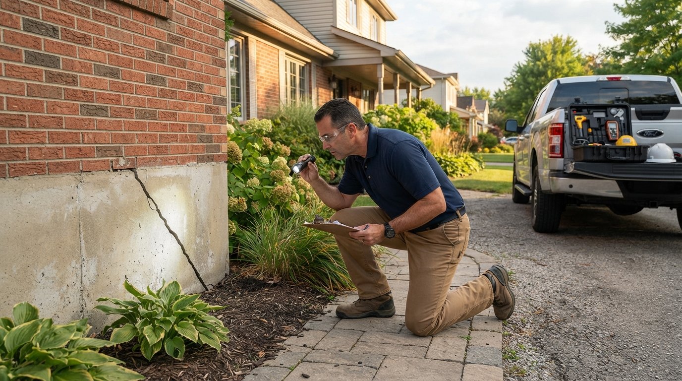 Structural engineer in navy polo and safety glasses kneels with clipboard and flashlight to examine a diagonal crack in a…