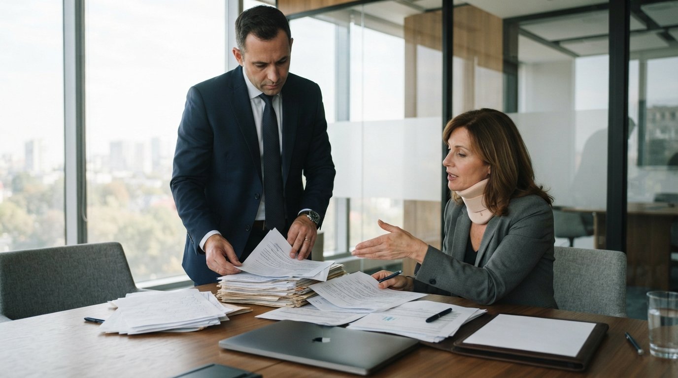 Attorney in navy suit reviews medical records and insurance paperwork with a client wearing a neck brace at a conference…