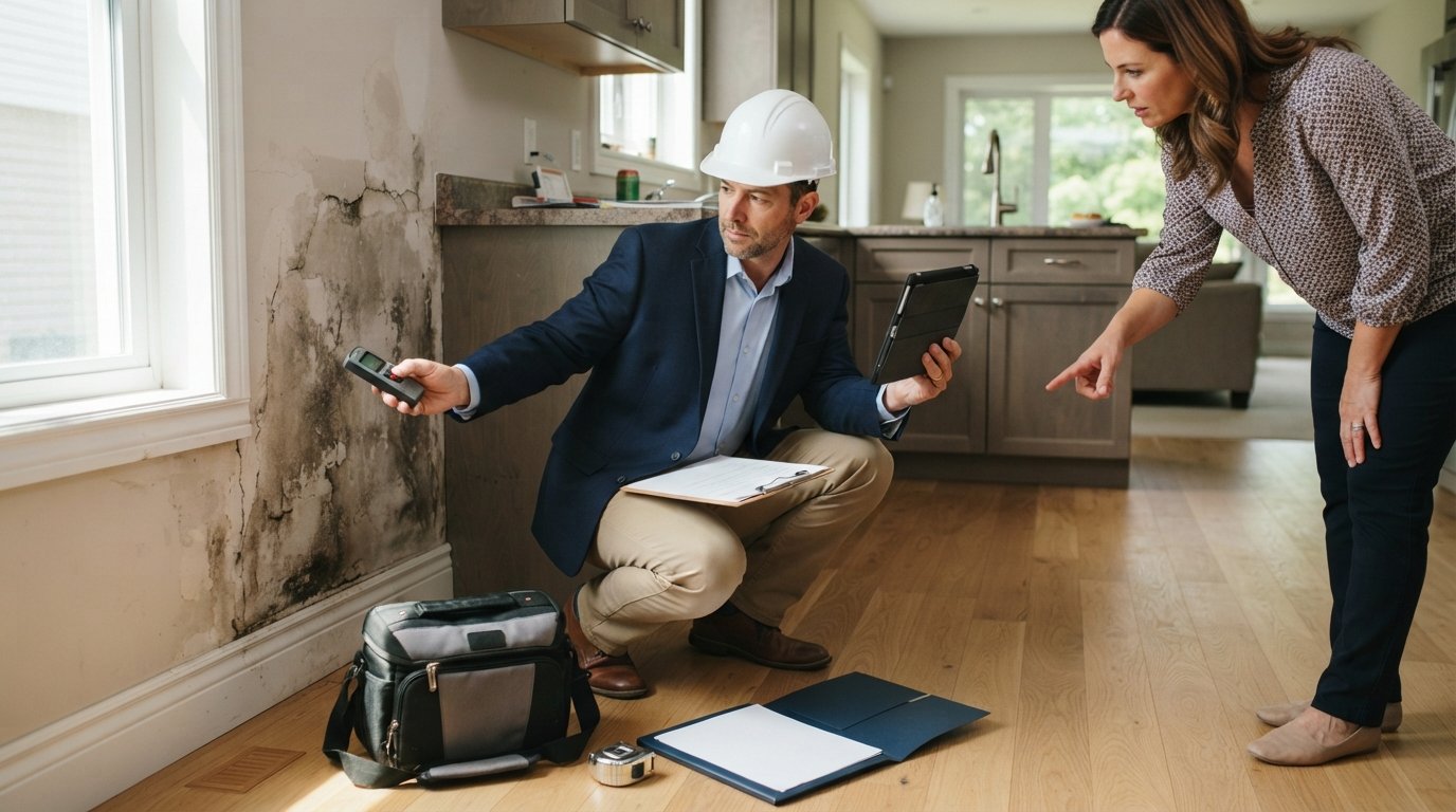 Adjuster in navy blazer and hard hat crouches by a damaged kitchen wall, holding a clipboard and moisture meter while a…