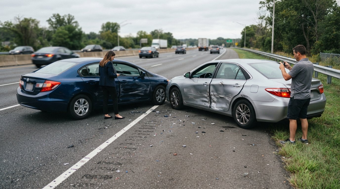 Two damaged sedans stopped at an angle near a dashed lane marker on a highway, with a driver photographing the damage