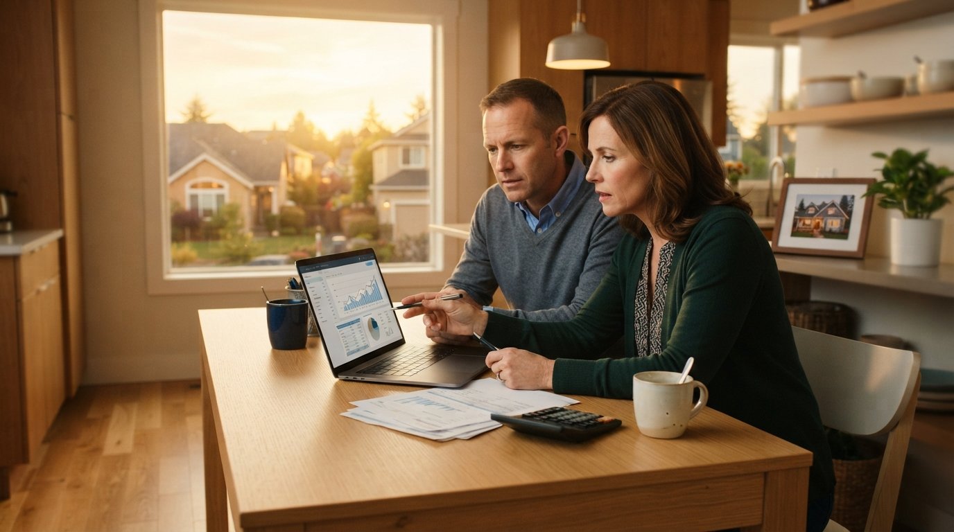 Couple in casual business attire reviewing mortgage rate documents on a laptop at a kitchen table with a calculator, coffee…