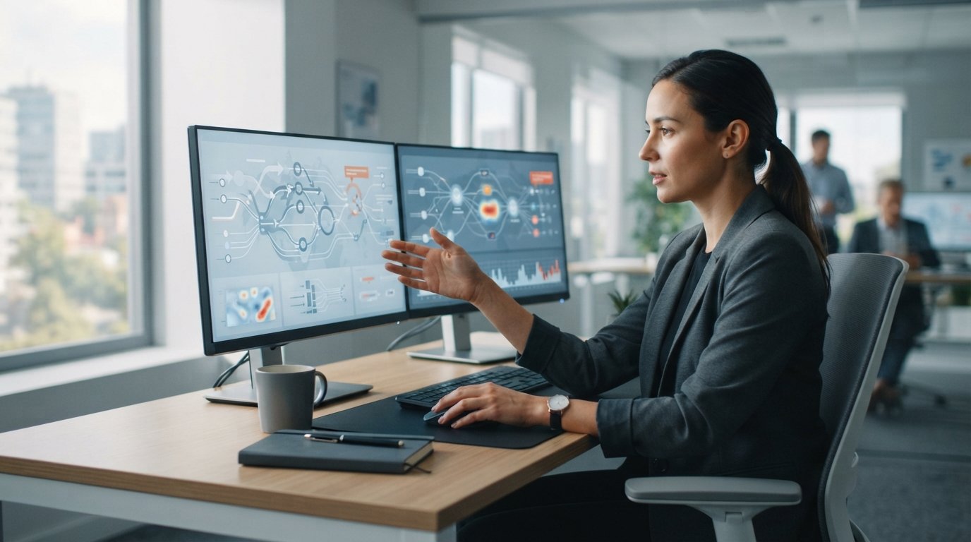 Professional at dual monitors showing lead routing flows and rejection signals, gesturing toward a glowing dashboard in a…