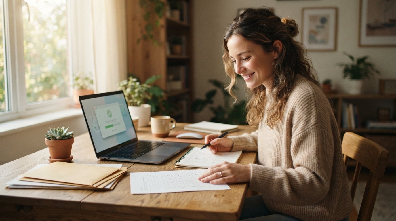 Smiling young adult at a wooden desk with a laptop, holding a pen over a calendar beside a printed checklist, envelopes,…
