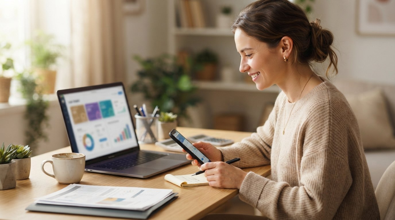 Relieved young adult at a tidy home desk reviewing an abstract loan dashboard on a laptop while holding a smartphone and…