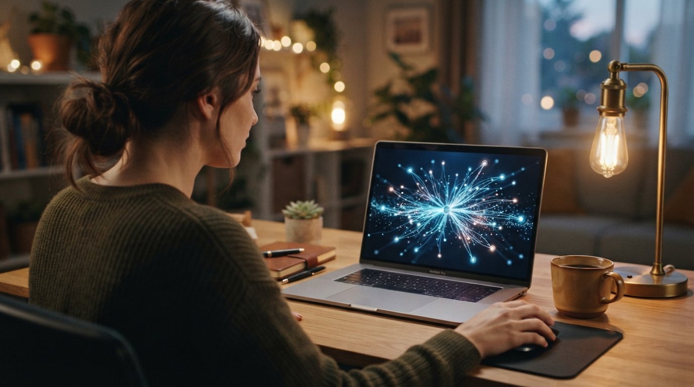 Person at a home desk with hand on a mouse after clicking submit, laptop screen showing a glowing branching network…
