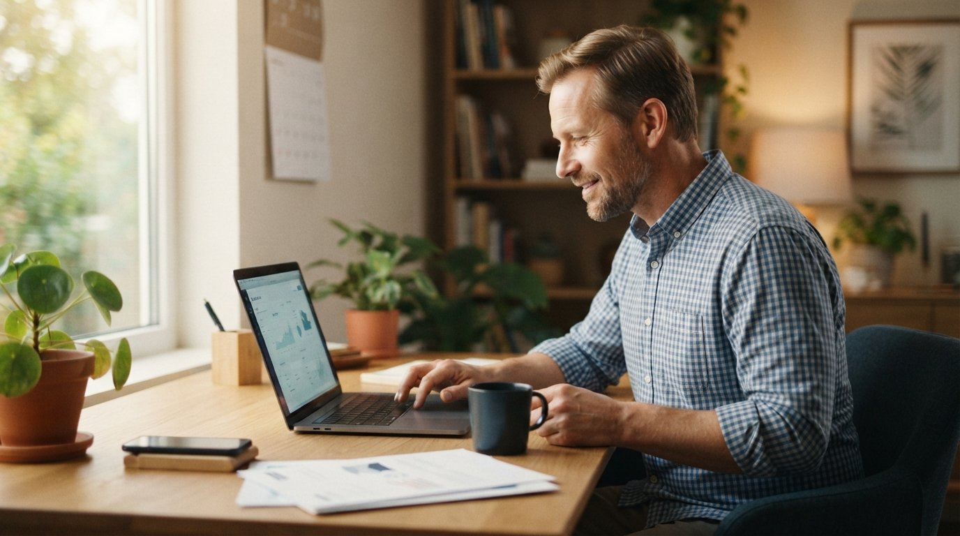Man in a button-down shirt at a home office desk, hand over a laptop trackpad, reviewing a loan offer beside a coffee mug,…