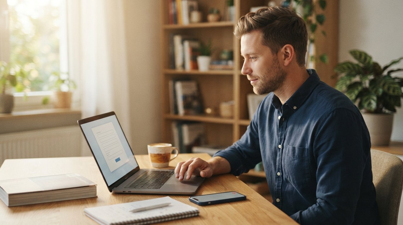 Adult in a button-down shirt at a home desk, hand over a laptop trackpad showing a blank inquiry form, smartphone with a…