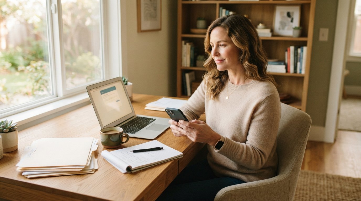 Adult sitting at a wooden desk in daylight, looking at a laptop while holding a smartphone, with a notepad, pen, coffee…