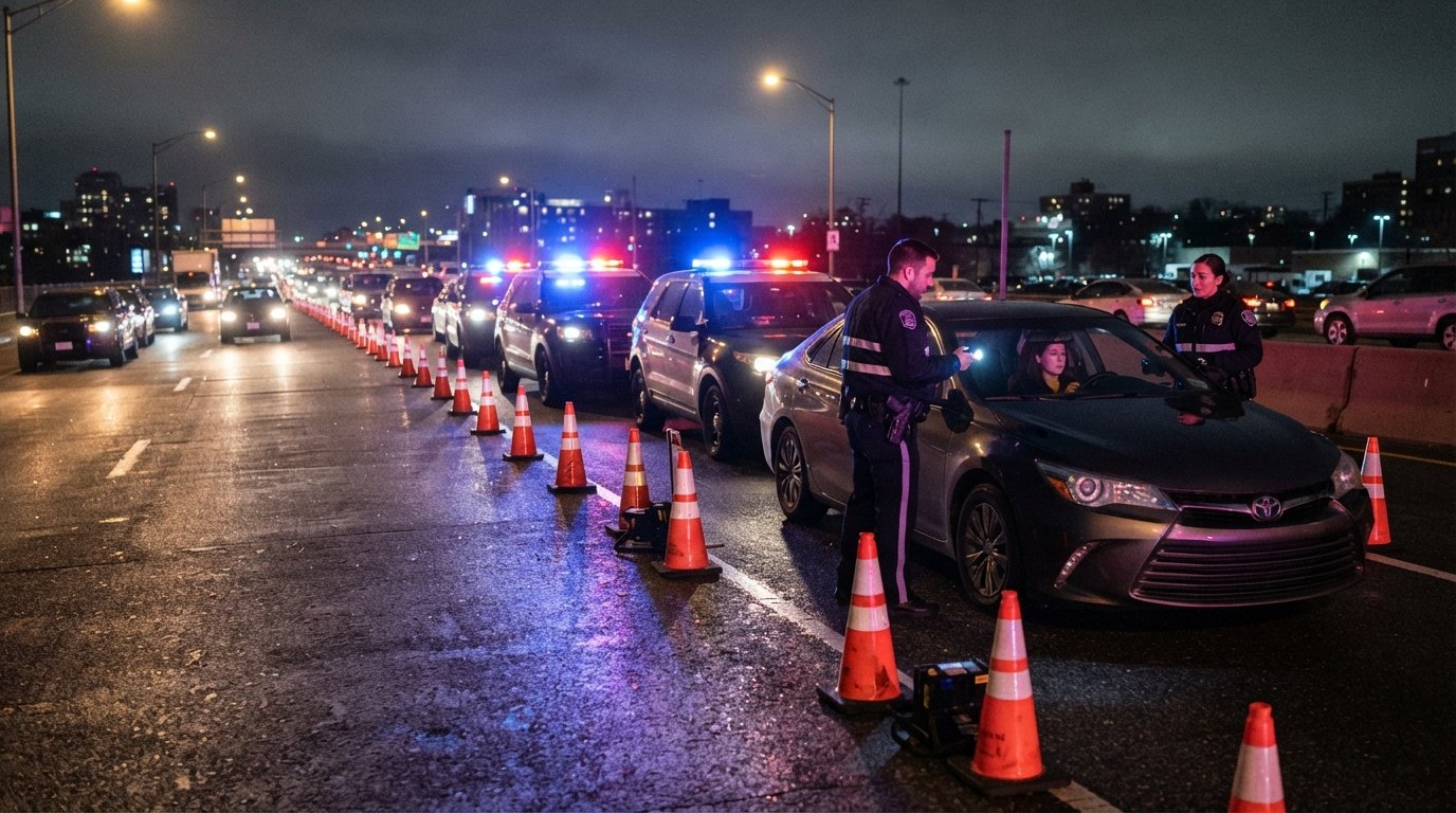 Nighttime DUI checkpoint with orange cones, police cruisers, and officers speaking to a driver in a stopped sedan