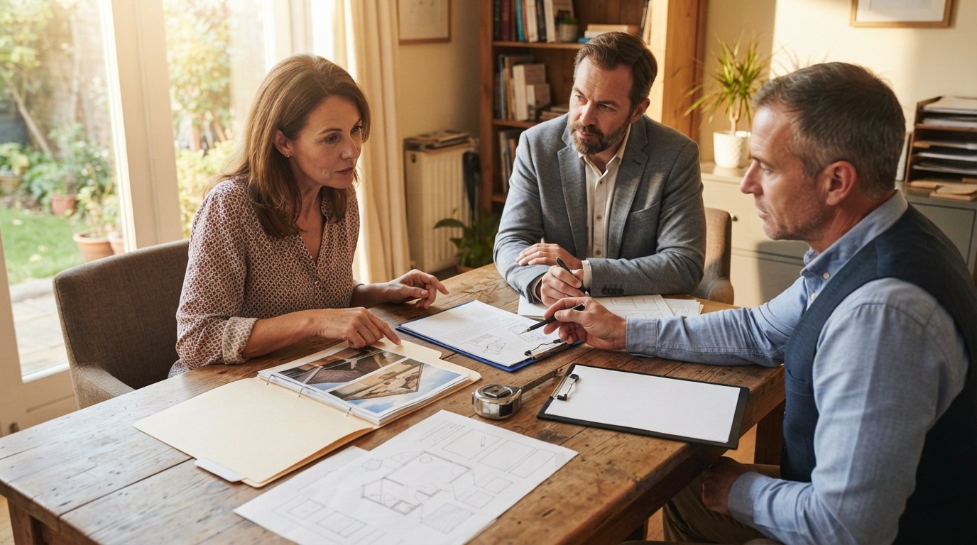Homeowner and insurance appraiser review a roof estimate at a desk while an umpire observes with a pen over a document