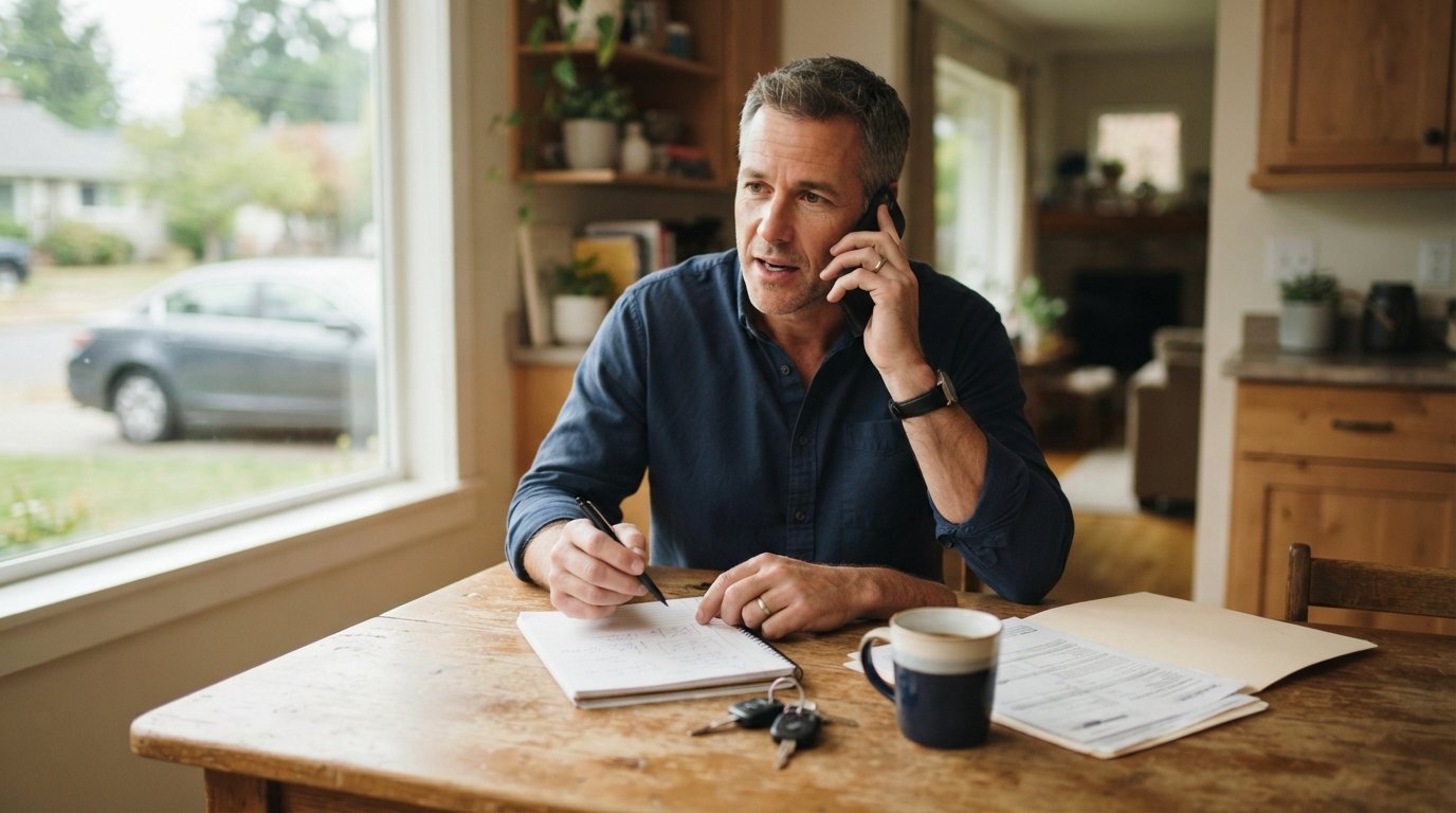 Man in a button-down shirt holds a phone to his ear at a kitchen table with a notepad, pen, car keys, insurance folder, and…