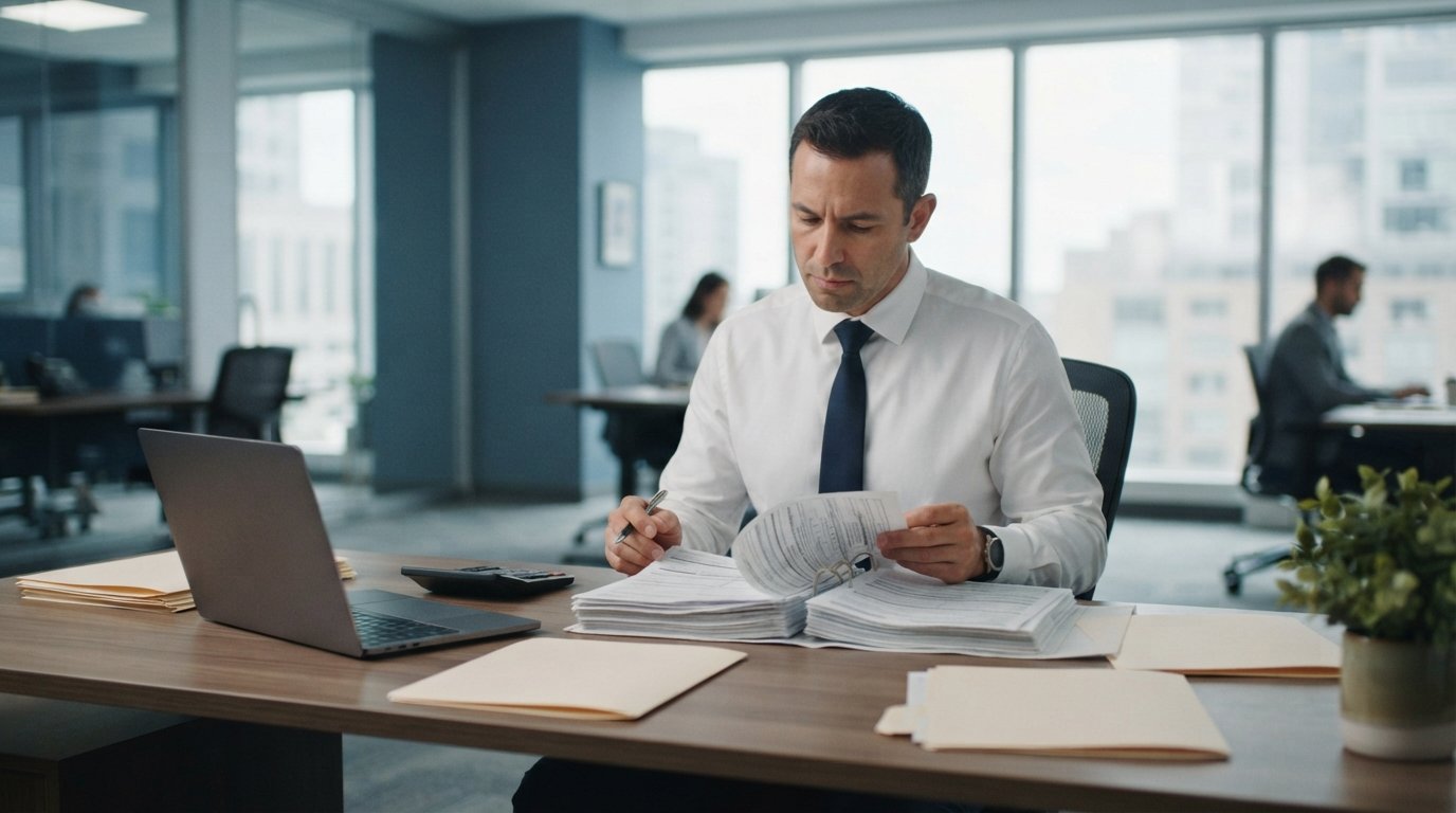 Underwriter in white shirt and dark tie reviewing a stack of mortgage documents at a desk with a laptop, calculator, and…