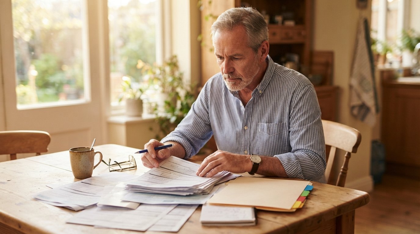 Thoughtful man in his mid-60s sits at a sunlit kitchen table with Medicare paperwork, pen in hand, coffee mug and reading…